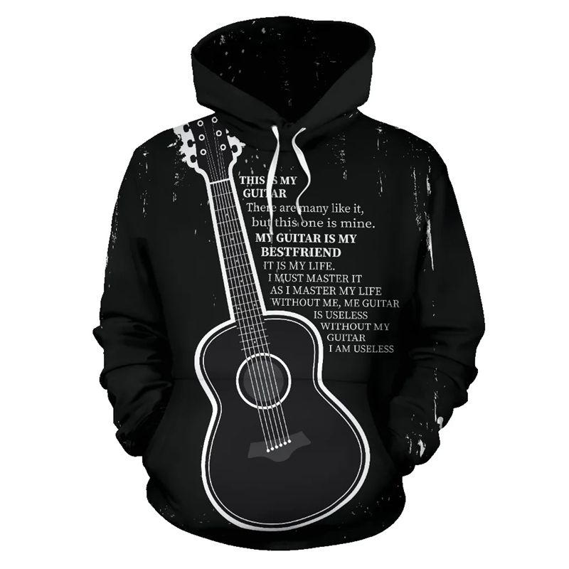 3D Printing Guitar - Moda Gitar Müzik Notu Baskılı Hoodie